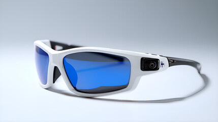 White smart glasses with camera laying on white background