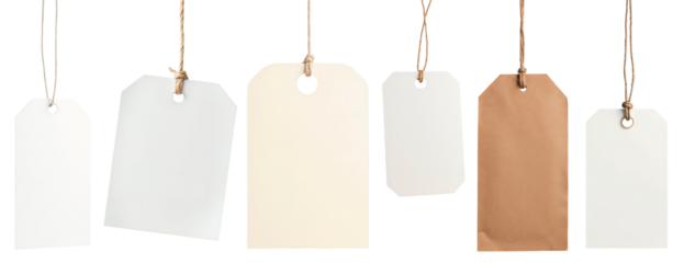 Set of 6 paper tags on string close-up on transparent background
