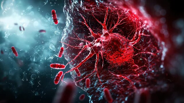 Immune cell attacking bacteria bloodstream microscopic infection immune response with vibrant red color blue color detailed 3d illustration medical