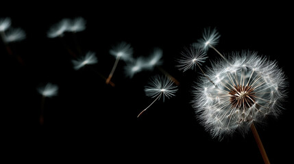 A dandelion seed head with several seeds being blown away by the wind against a black background. Copy space, aspect ratio 16:9