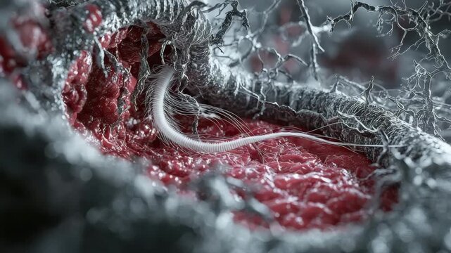 Microscopic nerve tissue neuron cell biology microscopic view showing nerve fiber blood vessels tissue and parasitic worm detailed biological
