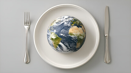 Earth globe served on plate with fork and knife, environmental concept
