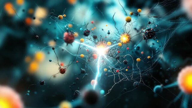 Neural network glowing synapse connection with blue abstract particles creating dynamic vibrant energy flow and electric impulses in digital scene