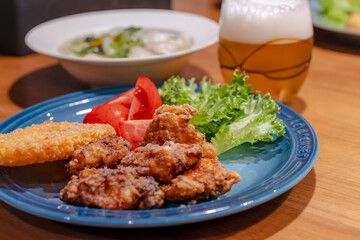 Homemade Dinner with Fried Chicken, Dumpling Soup and Beer / 唐揚げと餃子スープとビールの夕食
