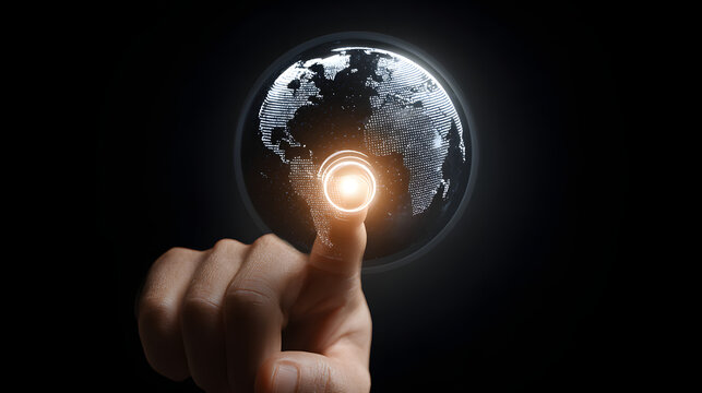 A hand presses a button on a touchscreen, which looks like a globe against a black background.