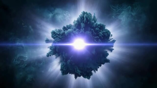 Bright explosion with glowing light rays and thick smoke cloud in dark cosmic space creating powerful and dynamic bright energy burst effect