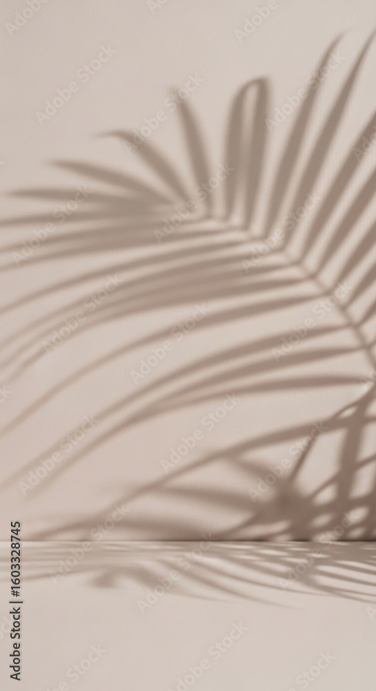 Poster beige background with palm leaf shadow projection, creating a minimalist and serene scene mockup for