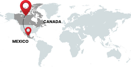 Global Location Map with Mexico and Canada, Dotted Line Travel Path Icon for International Business, Global Trade, and Worldwide Travel Routes