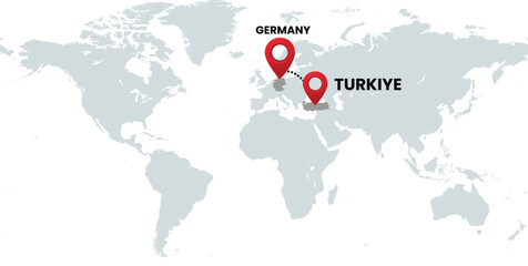 Global Location Map with Germany and Turkey, Dotted Line Travel Path Icon for International Business, Global Trade, and Worldwide Travel Routes