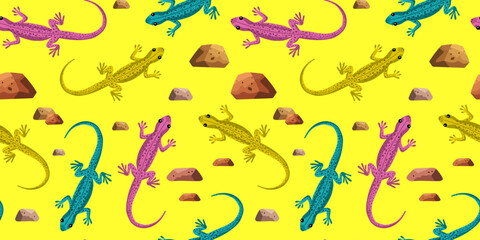 bright colorful seamless lizard and rock pattern vibrant reptile gecko repeat design animal textile print