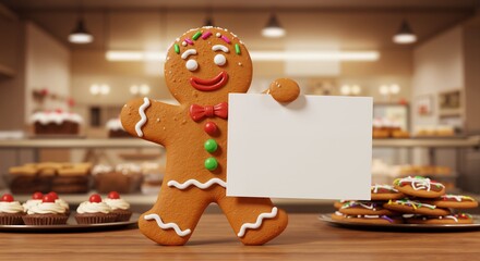 Gingerbread man holding blank white card in bakery with decorated cupcakes and cookies display. Cheerful character presenting empty sign creating festive christmas atmosphere for holiday marketing