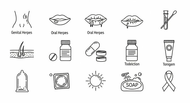 Herpes Virus Line Icon Set &ndash; Genital, Oral, Rash, Swab Test, Diagnosis, Medicine, Protection, Hygiene Vector

