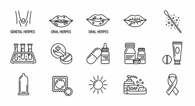 Herpes Virus Line Icon Set &ndash; Genital, Oral, Rash, Swab Test, Diagnosis, Medicine, Protection, Hygiene Vector

