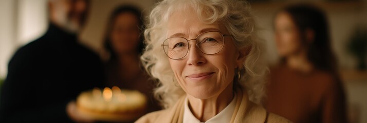 Elderly caucasian female with birthday cake in warm family celebration