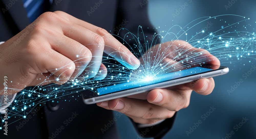 Wall mural close-up of hands using smartphone, glowing network lines emanating from screen, symbolizing digital