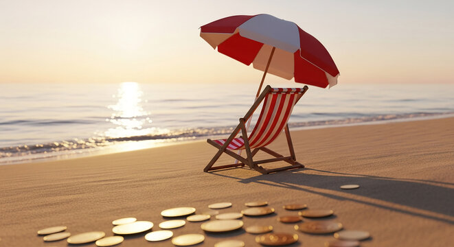 Red and white striped beach chair and umbrella on sandy beach at sunset, coins scattered in foreground, symbolizing relaxation and financial freedom or retirement