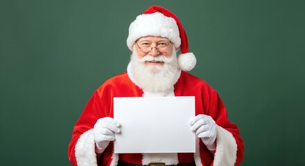 Santa Claus in red costume holding blank white card on green background. Cheerful bearded man in hat and gloves presenting empty paper. Christmas greeting message concept