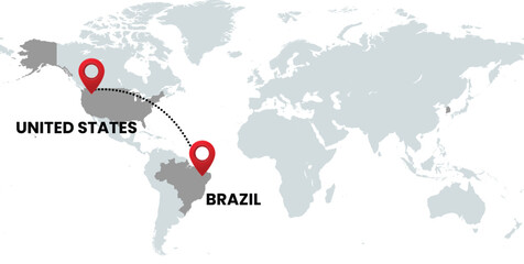 Global Location Map with United States and Brazil, Dotted Line Travel Path Icon for International Business, Global Trade, and Worldwide Travel Routes