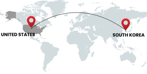 Global Location Map with United States and South Korea, Dotted Line Travel Path Icon for International Business, Global Trade, and Worldwide Travel Routes