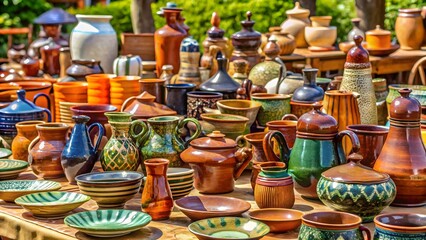 Colorful Pottery Collection at Outdoor Market