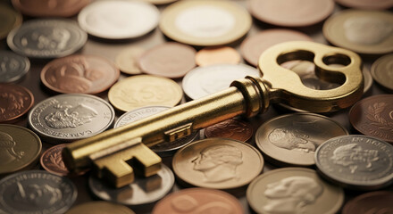Golden key rests on a bed of various coins, symbolizing financial success, opportunity, and unlocking wealth