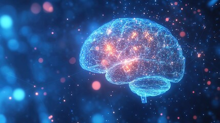 Digital illustration of a glowing, wireframe human brain with neural connections and bright light nodes on a blue background.