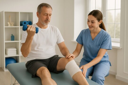 Senior man lifting weights during physiotherapy session with female therapist assisting him in a medical office