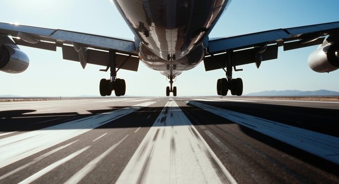 Aircraft landing gear and wheels on runway with yellow markings during takeoff or touchdown. Commercial airplane undercarriage touching ground at airport. Aviation transportation concept