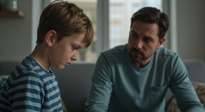 Father talking to sad son at home providing emotional support and guidance. Man comforting upset child in living room. Parenting and family communication concept for difficult conversations