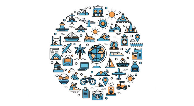 Circular illustration depicting various travel icons, including airplane, ship, train, globe, symbolizing global travel and adventure, suitable for travel agencies or tourism promotion