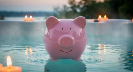 Pink piggy bank floats in a spa, surrounded by candles, conveying relaxation and financial well-being, suggesting affordable luxury or saving for a relaxing getaway