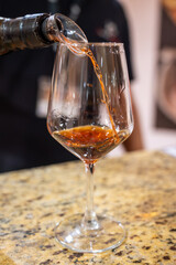 Tasting of Collioure AOC and Banyuls AOC white, rose and red wines, natural sweet grand cru Banyuls fortified dessert wine from old vines from slopes of Catalan Pyrenees in Roussillon, France