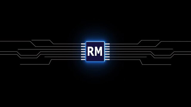 Motion graphic of digital RM logo with futuristic technology . Chat with RM or artificial intelligence technology circuit board, microchip, Futuristic Screen on 4k RM Circuit Integration and Data - Powered by Adobe