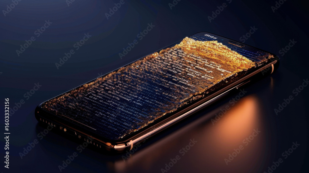 Poster smartphone displaying digital interface with encrypted symbols and textured surface, creating visual
