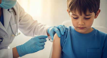 Close-up of a doctor administering a vaccination to a young boy's arm, showcasing healthcare and childhood immunization