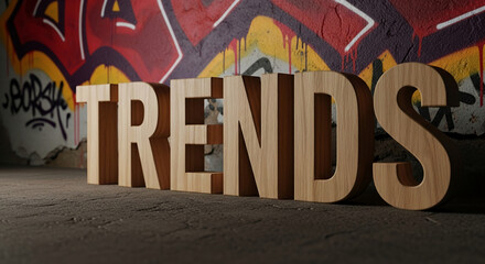 Wooden word TRENDS against graffiti wall background, showcasing current fashion, style, and popular culture concepts
