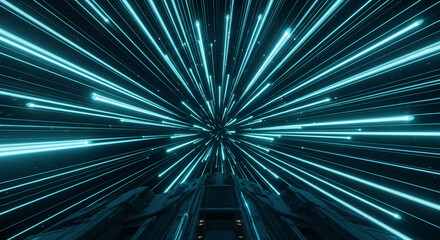 Abstract image of cyan light streaks radiating from a central point, suggesting speed, movement, and futuristic technology, creating a dynamic and energetic visual