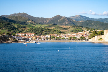 View on sea with beaches and colourful houses of Collioure, Cote Vermeille, Pyrenees-Orientales, Occitania, France. Summer vacation destination