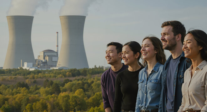 Diverse group of young professionals smiling near nuclear power plant with cooling towers. Happy team standing together with industrial energy facility background. Clean technology concept - Powered by Adobe