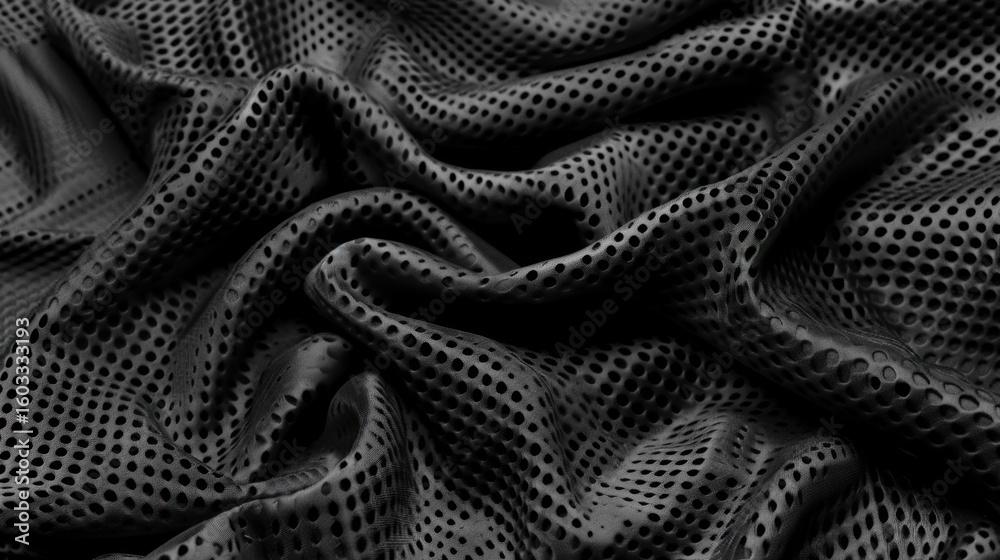 Poster smooth black mesh fabric texture with unique perforated design, creating intriguing visual chaos. tr
