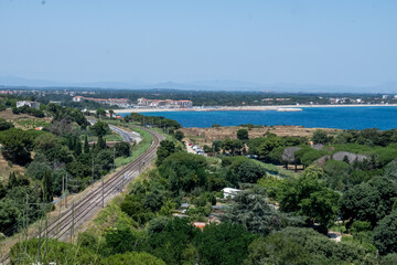 Naklejka premium View on sea, sandy beaches of Argeles-sur-mer near Collioure, Cote Vermeille, Pyrenees-Orientales, Occitania, France, summer vacation destination