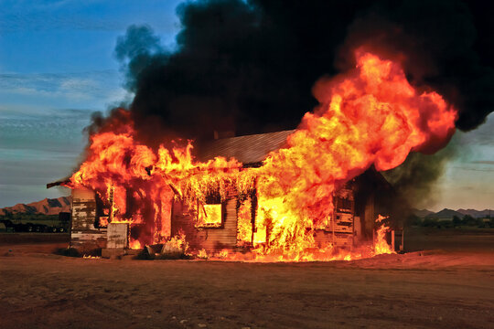Close-up of an abandoned house on fire in a controlled burn, Gila Bend, Arizona, USA