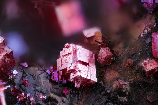 Cuprite crystals. Specimen from Sitio de Cobre (slag), Villa Velha de Rôdâo, Castelo branco, Portugal. Micro photography extreme close-up. microscope mineral crystal photography for Scientific use.