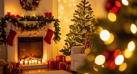 Cozy christmas living room with fireplace, decorated tree and warm bokeh lights creating festive atmosphere. Holiday home interior with stockings and presents. Seasonal decoration concept