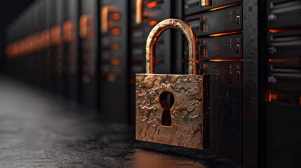 Floating digital padlock symbolizes security over database structure, representing importance of data protection and privacy in digital age