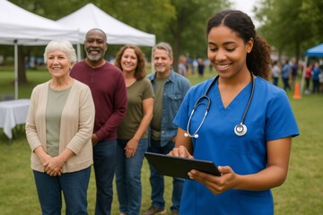 Smiling nurse managing a queue of patients while using a digital tablet at an outdoor medical event in the park, providing essential care