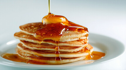 Delicious pancakes with pouring maple syrup on white background