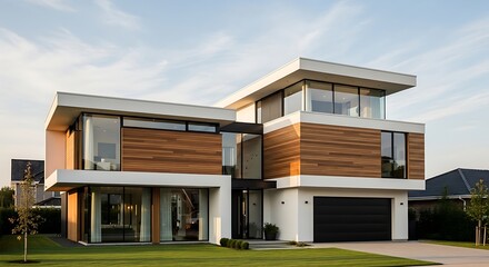Modern luxury residence with clean lines and natural wood accents