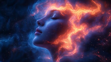 Abstract portrait of a woman merged with fiery nebula in a cosmic atmosphere
