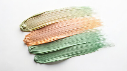 Three swatches of creamy cosmetic products in pastel green and peach tones isolated on transparent background